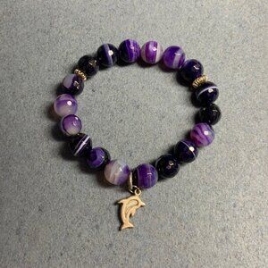 Dolphin Charm Stretch Bracelet 7 In Marbled Purple Black Beads Silver Faceted